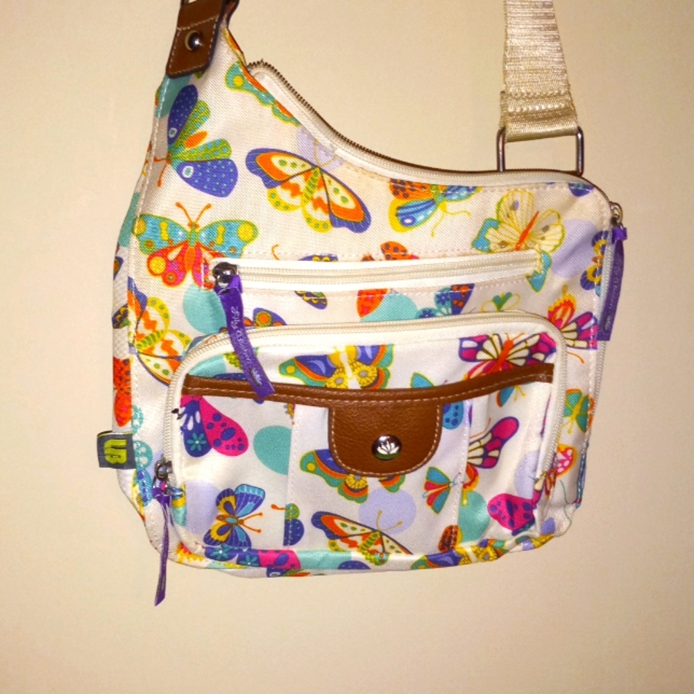 White/ multi butterfly cross body purse